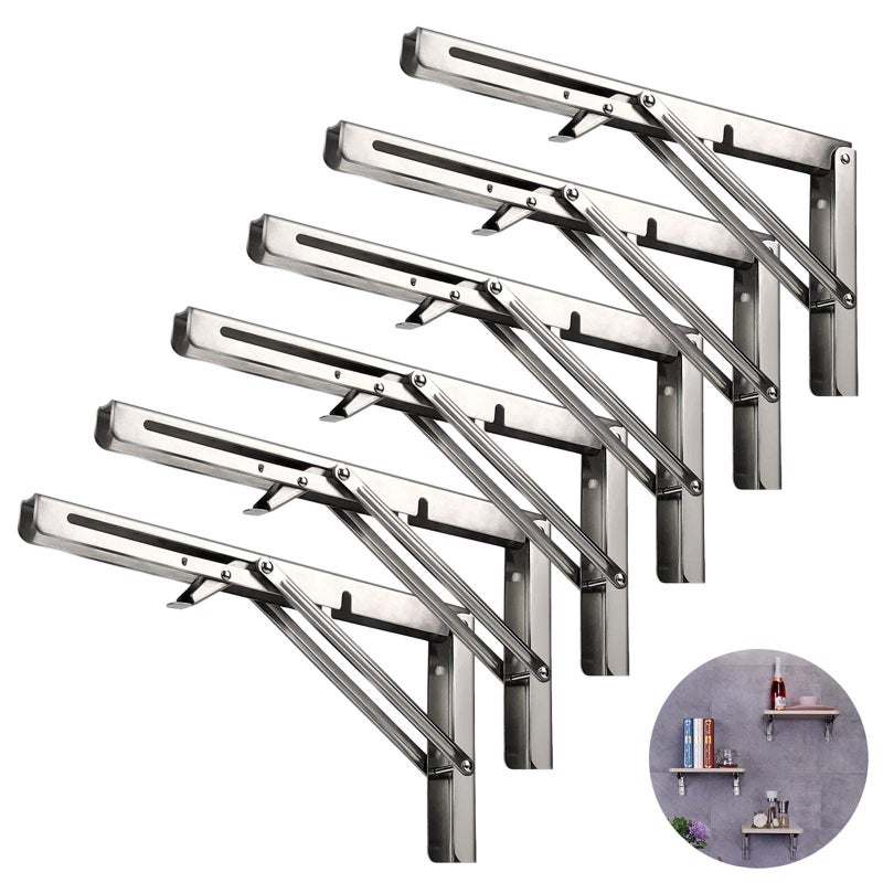 Foozet Folding Shelf Brackets 12 Inch, Heavy Duty Stainless Steel Collapsible Hinges Wall Mounted Angle L Bracket for Floating Shleves DIY Foldable Work Bench Table Desk - 6 Pack - Image 1